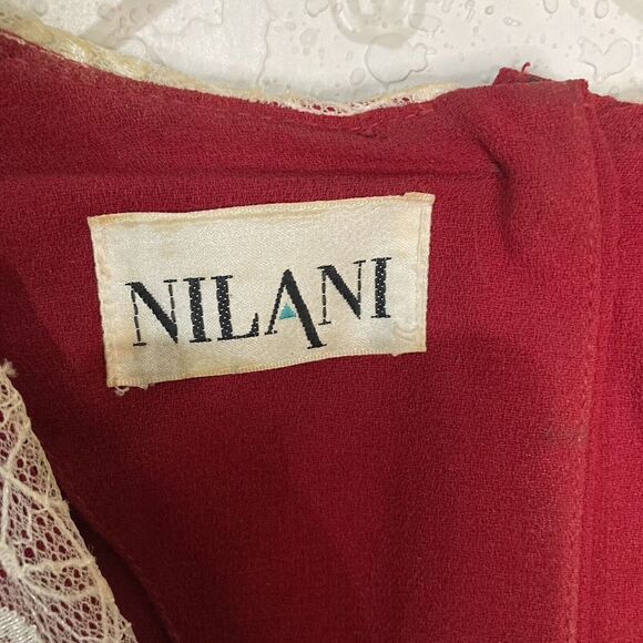 Vtg 80's Nilani Red Applique Lace Pleated Tea Dress Pearls Fancy‎ Party sz 11/12 - Picture 8 of 16